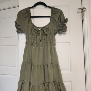 Liberty Love Olive Midi Dress with Ruched Sleeves